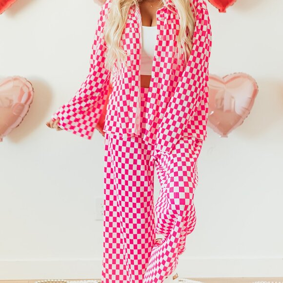 Pink Checkered Buttoned Shirt and High Waist Pants Pajama Set - Picture 13 of 16